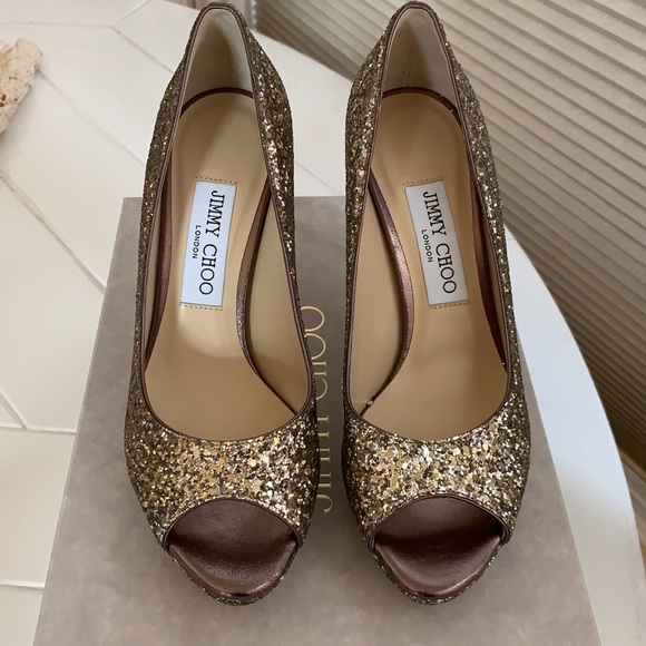Jimmy Choo Luna Gold Glitter Pumps - Picture 9 of 13